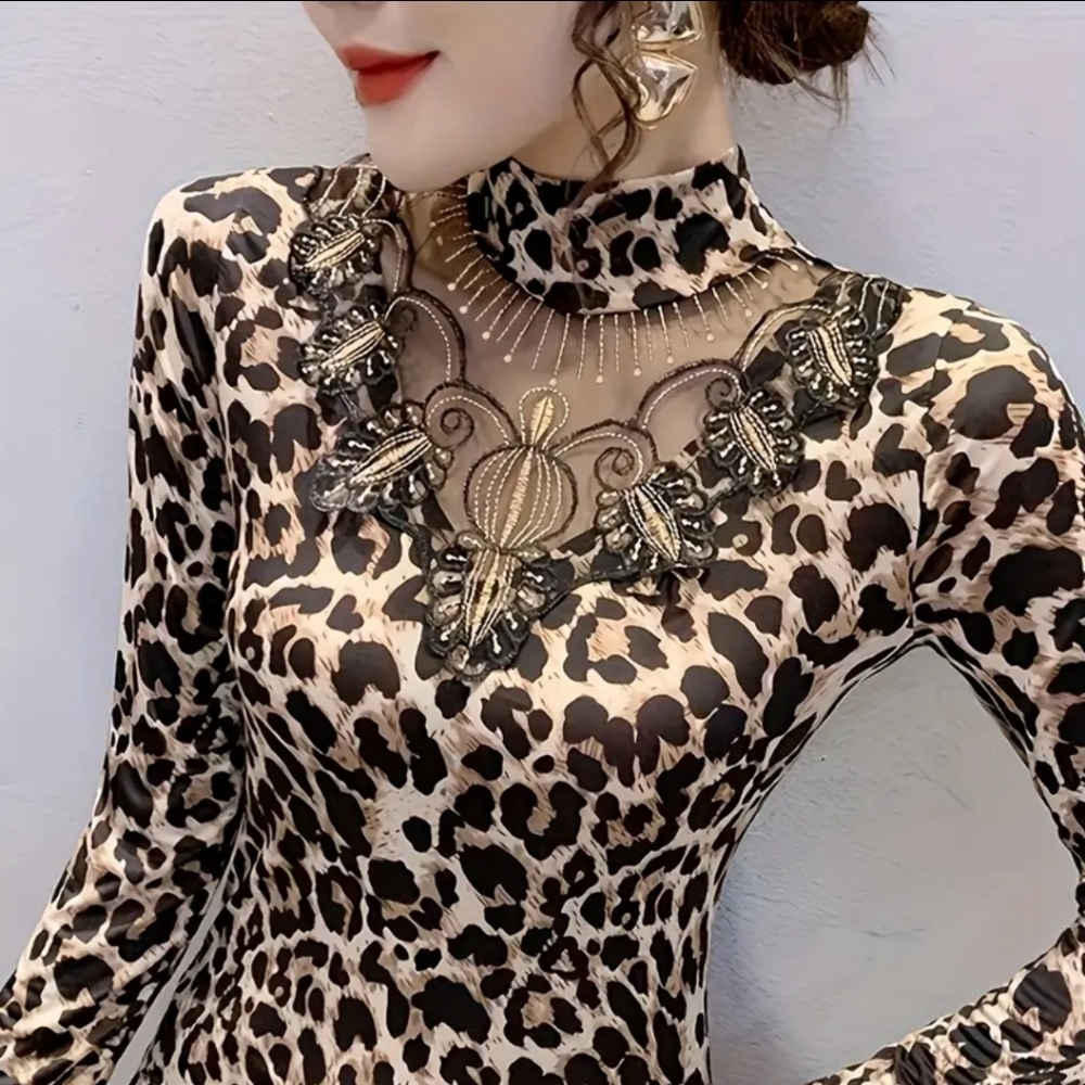 Georgeous Leopard Print Cut Out SheerNeck Blouse. Turtle Neck  Neckline.